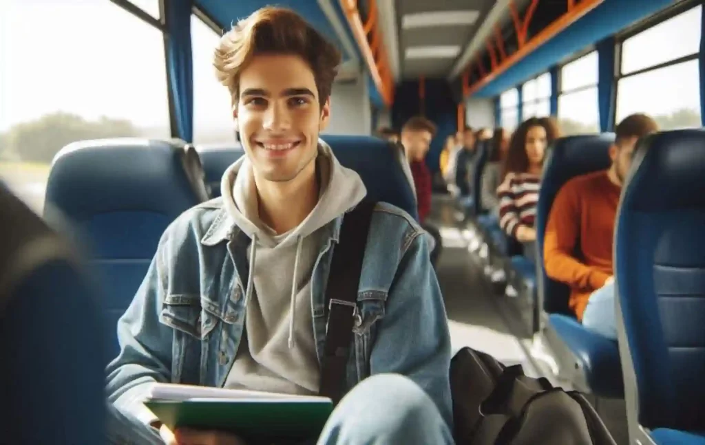 A smiling student sitting on the Harry Shaw coach